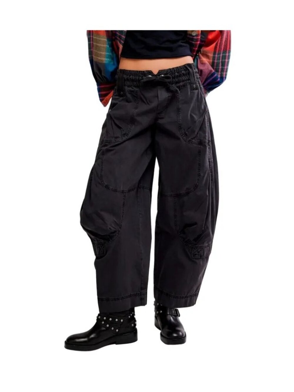 Free People Onset Cargo Pants Utility Y2K Parachute Relaxed Boho Womens M Black